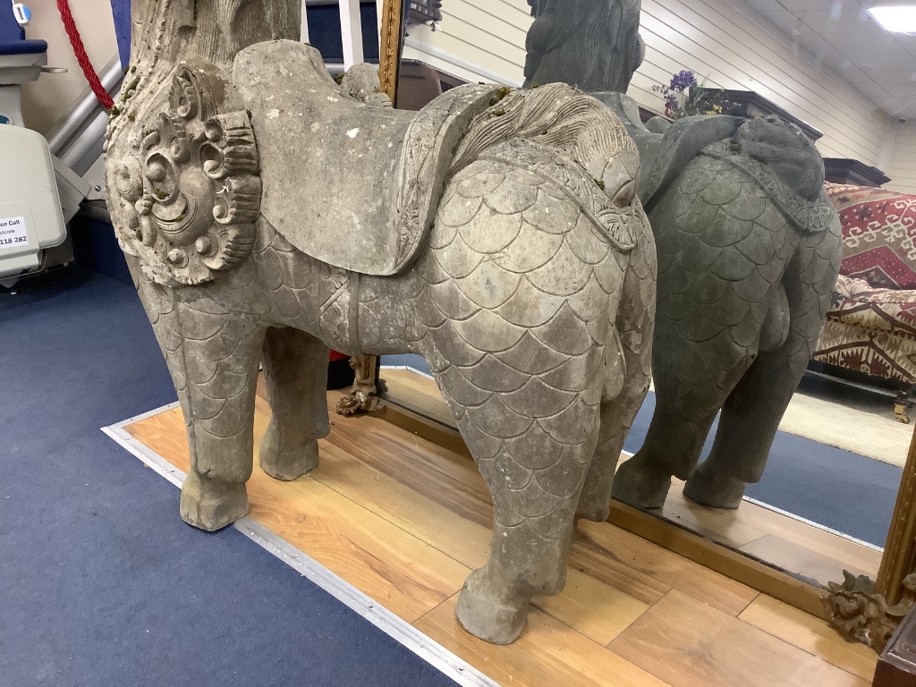 A faux carved marble temple dog width 86cm, height 110cm